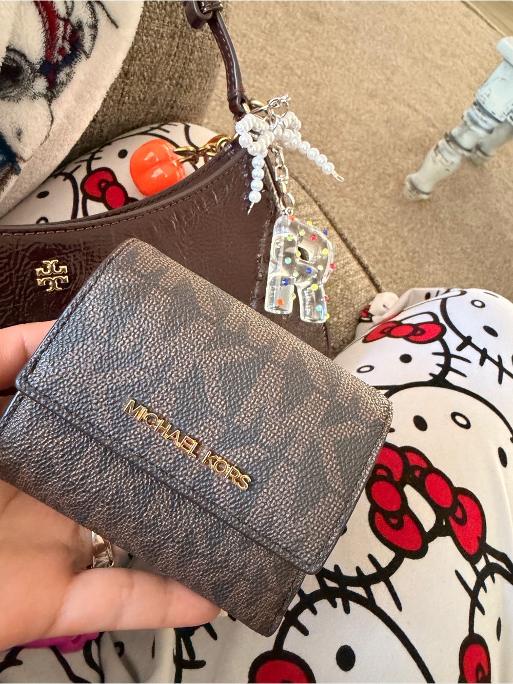 Michael Kors Brown Logo-Print Compact Wallet with Gold Tone Logo